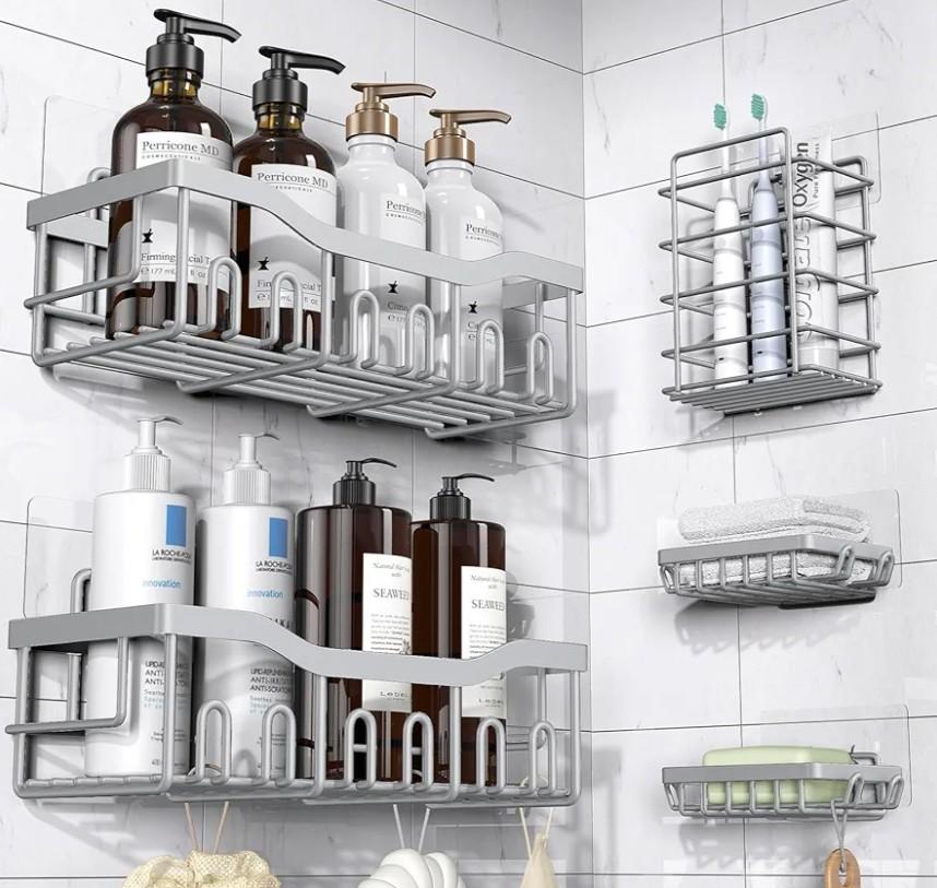 EUDELE 5-Pack Rustproof Stainless Steel Shower Caddy – No Drill Adhesive Bathroom Organizer with Large Capacity, Spacious Shower Shelves for Inside Shower, Kitchen & Home Decor Storage-XL Size