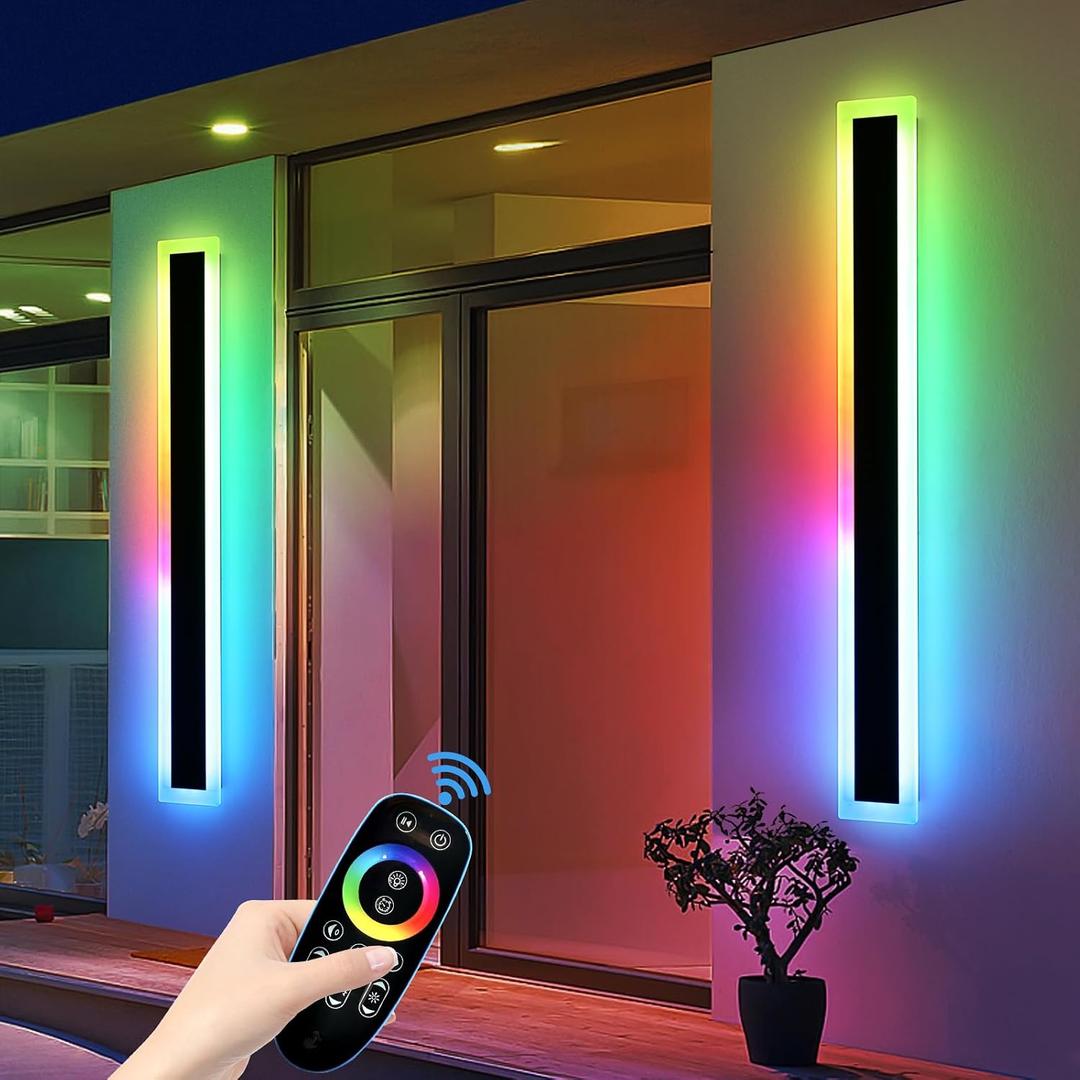 Mikeru Upgraded Widened RGB Long LED Wall Lights, 2Pack 31.4inch Outdoor Sconces RGB/Warm/White Dimmable Outdoor Wall Lights Exterior Front Porch Light Ip65 Waterproof Wall Sconce with Remote Control