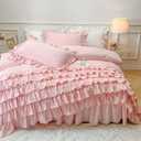 MOOWOO Waterfall Ruffle Duvet Cover Queen 3 Piece Shabby Chic Bedding Solid Color Soft and Breathable with Zipper Closure & Corner Ties (Pink, Queen)