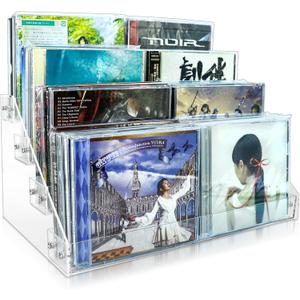 4Tier Clear Acrylic CD Holder - Cascading CD & DVD Storage Rack with Vinyl Record Stand - Holds up to 32 Cases (Large, Clear)