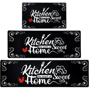 Kitchen Mats for Floor 3 Pieces Set, Non Slip Cushioned Runners Waterproof Comfort Kitchen Rugs and Mats Farmhouse Chef Mat Carpet for Sink,Laundry Room (17*30+17*47+17'*59", Black)