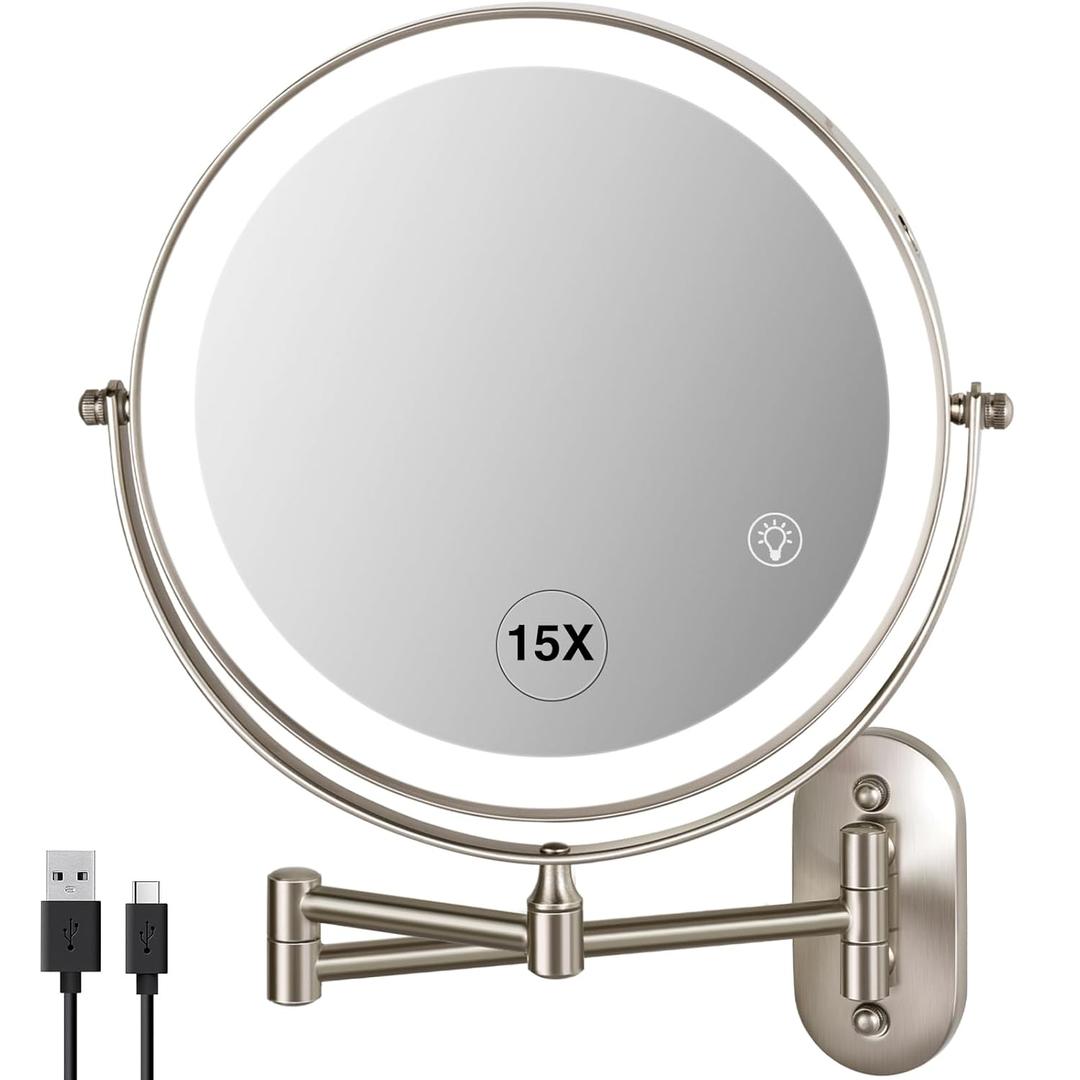 Magnifying Mirror with Lights 1x/15x: 8.5" Double Sided Wall Mounted Lighted Makeup Mirror for Bathroom, 3 Color Lights & 360Swivel Vanity Mirror, Brushed Nickel