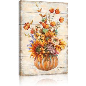 Yidepot Sunflower Kitchen Pictures Wall Decor: Vintage Inspirational Wooden Background Sun floral Vase Print for Girls' Bedroom Yellow Blooming Flowers Framed Ready to Hang (16"x24"x1 Panel)