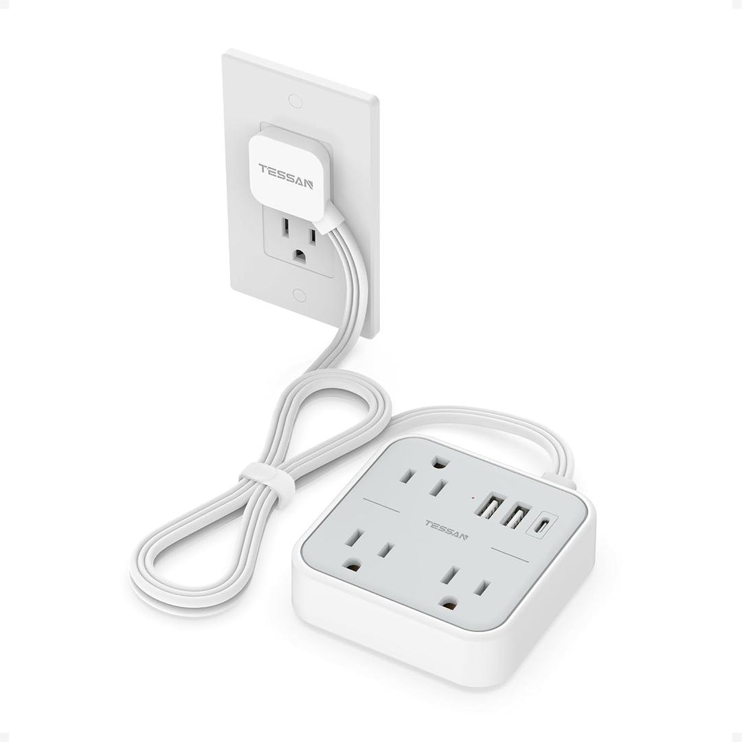 Short Extension Cord with Multiple Outlets 3 FT, TESSAN Small Flat Plug Power Strip with 3 USB (1 USB C) and Multi Outlets, Surge Protector Charging Station for Office, School, Dorm Room Essentials (Grey White)