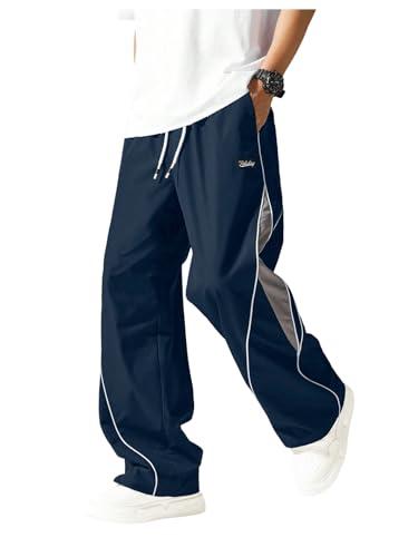 SOLY HUX Men's Baggy Track Pants Drawstring Elastic Waist Parachute Sweatpants Streetwear Dark Blue Large