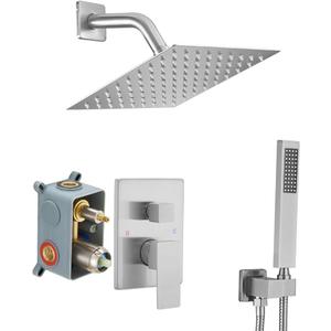 Shower System Brushed Nickel Bathroom Rainfall Shower Faucet Set Complete Wall Mounted 8 Inch Shower Head and Handle Set with Rough-in Valve Body and Trim Kit (8 Inch, Brushed Nickel)