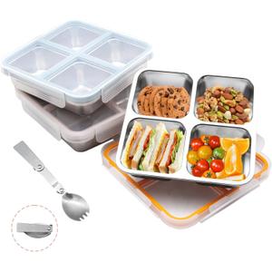 3 Pack Stainless Steel Bento Lunch Box, 4 Compartment Snack Containers, Divided Meal Prep Lunch Containers, Food Storage Containers For Work and Travel