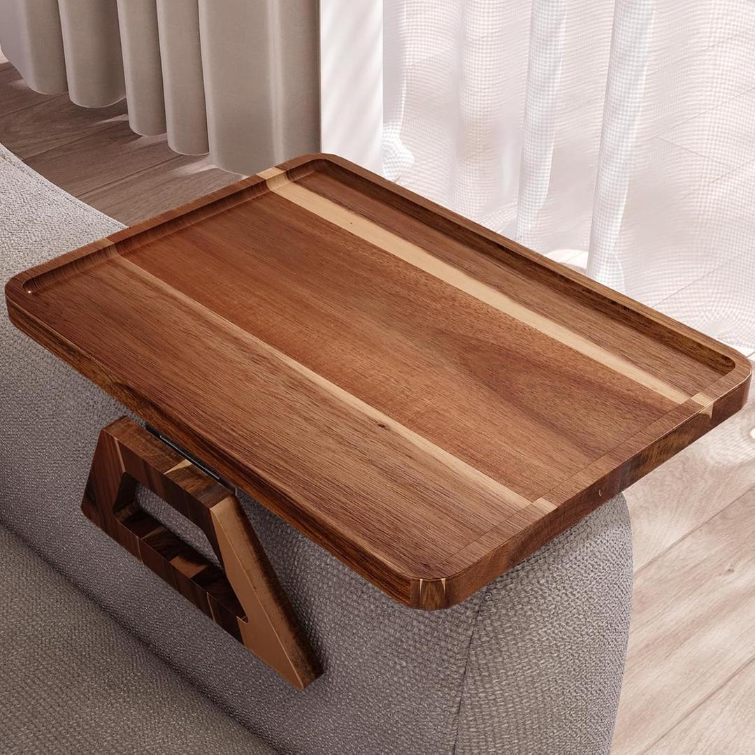 Acacia Wood Couch Arm Tray, Folding Sofa Armrest Tray, Couch Arm Table Clip-On Couch Desk for Drinks, Snacks, Phone, Remote Control
