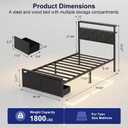 Twin Bed Frame with LED Lights, Charging Station & 2 Storage Drawers, Metal Platform with Upholstered Headboard, No Box Spring Needed, Easy Assembly