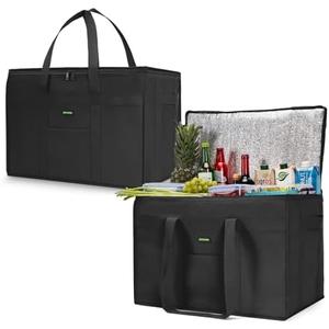 JUNGYOON 1-Pack Heavy-Duty Insulated Grocery Bags & Picnic Basket – Collapsible Cooler Bag with Zippered Top | Reusable Shopping Bags for Groceries, Picnics, Easy Storage(XXXL Black)