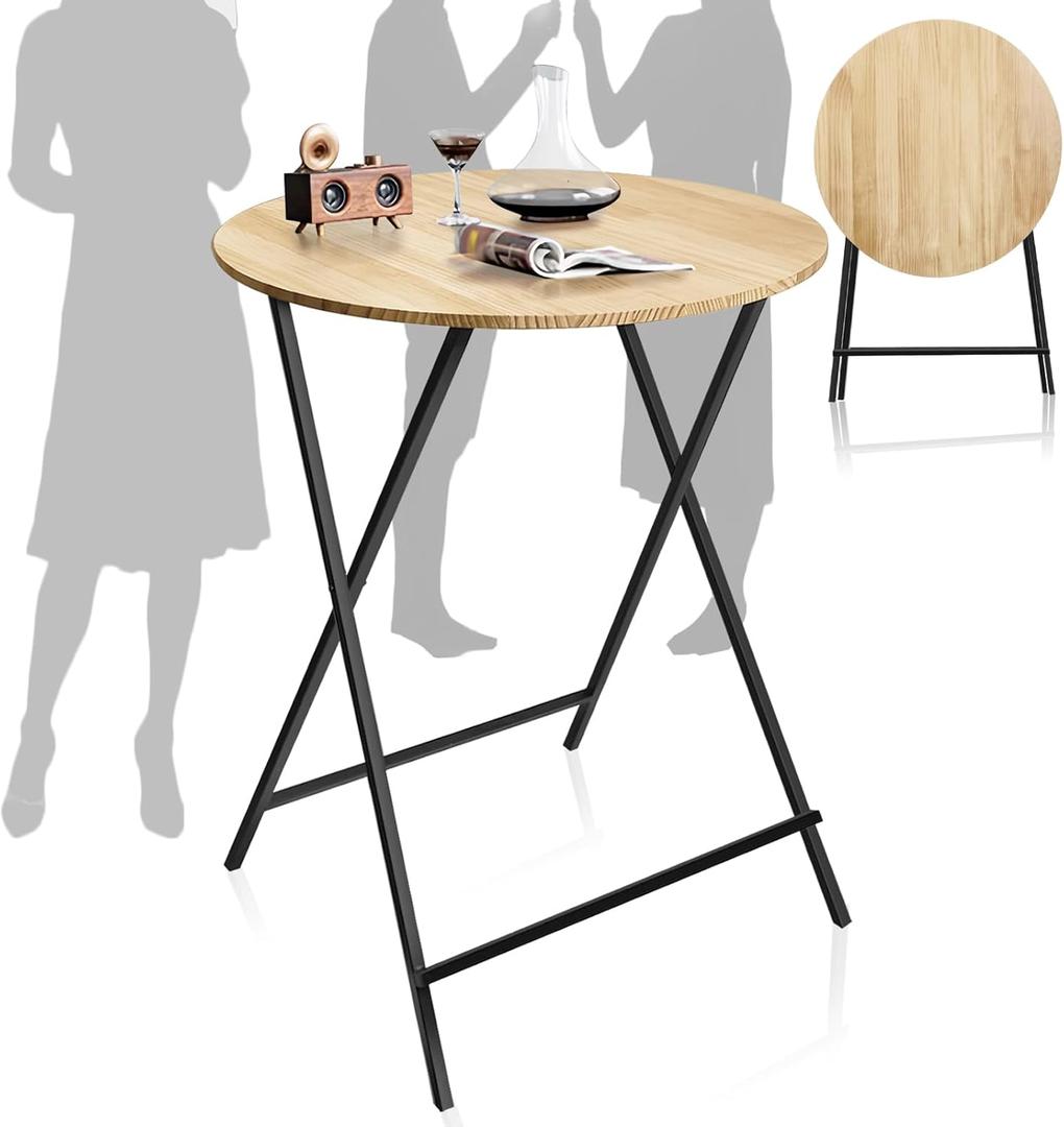 40'' Outdoor Bar Height Patio Table, Wooden Folding Cocktails Tables One-Piece Installation Indoor Outside Banquet Table for Parties, Bistro, Pub, Commercial (23.6 Diameter)