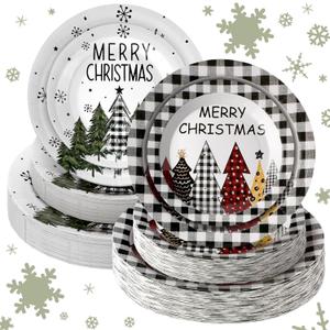 160 Pcs Christmas Paper Plates Buffalo Plaid Christmas Trees Disposable 9'' Dinner and 7'' Dessert Decoration Gifts Bulk Disposable Plates Set for Merry Xmas Party Holiday