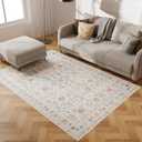 5x7 Washable Area Rug, Low Pile Faux Wool Carpet for Living Room, Bedroom, Dining Room, Vintage Flower Design, Non-Shedding Low-Pile Rug in Beige for High-Traffic Areas with Non-Slip Rubber Back