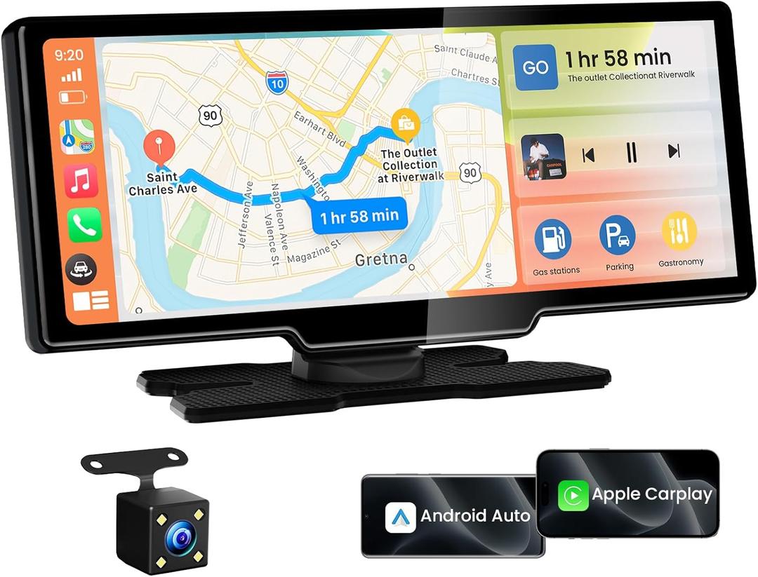 10.26" Wireless CarPlay Screen for Car, Android Auto Screen with Backup Camera, Portable Touchscreen Car Stereo with GPS Navigation/Mirror Link/Voice Control/Bluetooth/FM/AUX