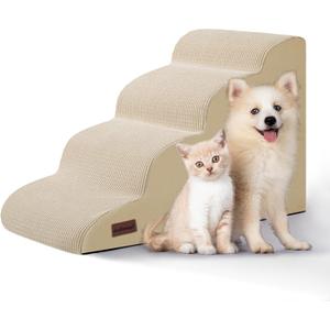 4-Step Dog Stairs and Ramp for Beds or Couches,Non-Slip Sturdy Pet Steps for Small Dogs and Cats,17.4" H,Beige