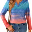 SOFIA'S CHOICE Women Ombre Long Sleeve T Shirts Women Basic Casual V Neck Shirts Blue Pink Large (L)