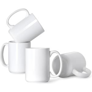 16 OZ Porcelain Coffee Mugs, Classic Blank Ceramic Cup with Large Handle for Tea Latte Cappuccino, Set of 4, White