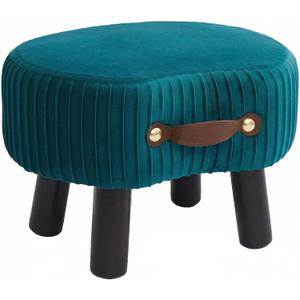 Small Footstool with Handle, Velvet Ottoman Foot Rest with Padded Seat, Curved Foot Stool with Wooden Legs, Portable Foot Rest for Living Room, Bedroom, Entryway, Peacock Blue (16.5"D x 12.2"W x 5.9"H)