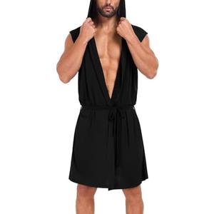 VintageClothing Men's Summer Robe with Hooded Lightweight Bathrobe House Kimono Sleeveless Sexy Sleepwear Pajamas S