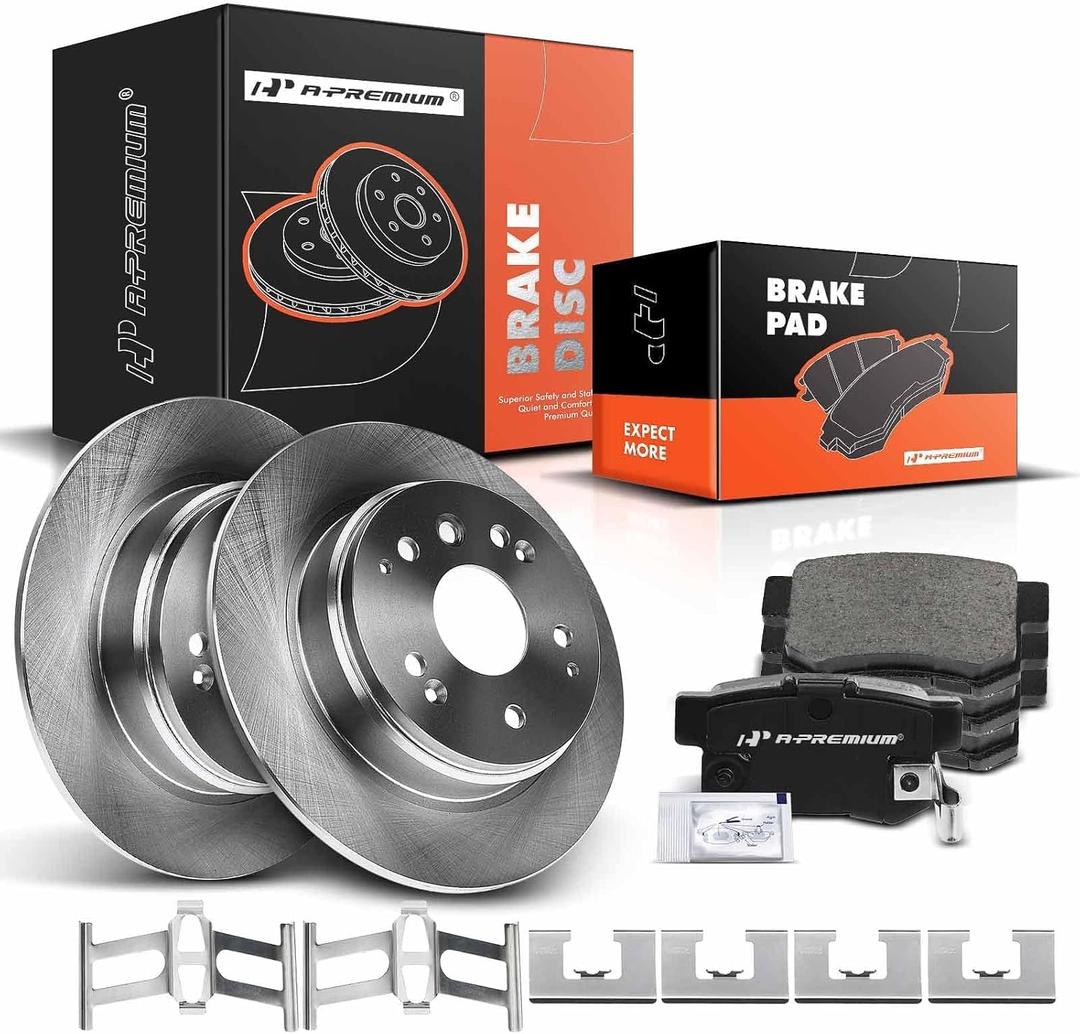 A-Premium 11.10 inch (282mm) Rear Solid Disc Brake Rotors + Ceramic Pads Kit Compatible with Select Acura and Honda Models - TL 2004-2008, Element 2004-2011, 6-PC Set