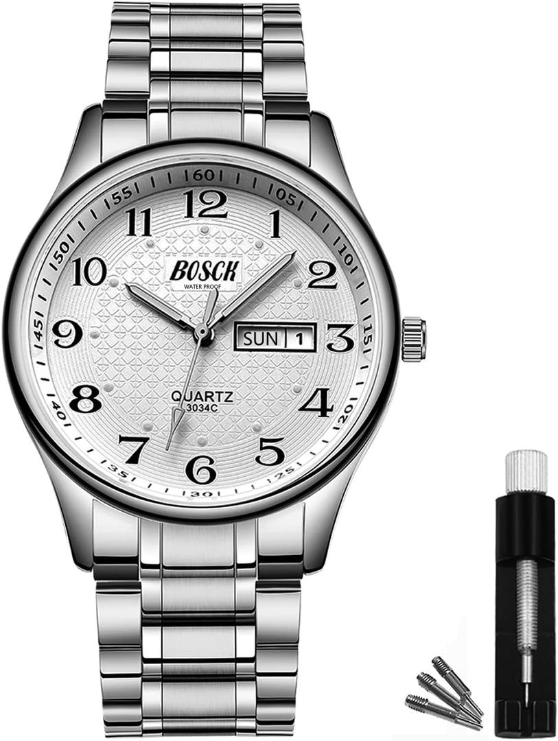 BOSCK Men's Watch, 40 mm Analogue Waterproof Business Stainless Steel Wrist Watches with Date and Day Easy to Read Anti-Scratch Fashion Watch for Men