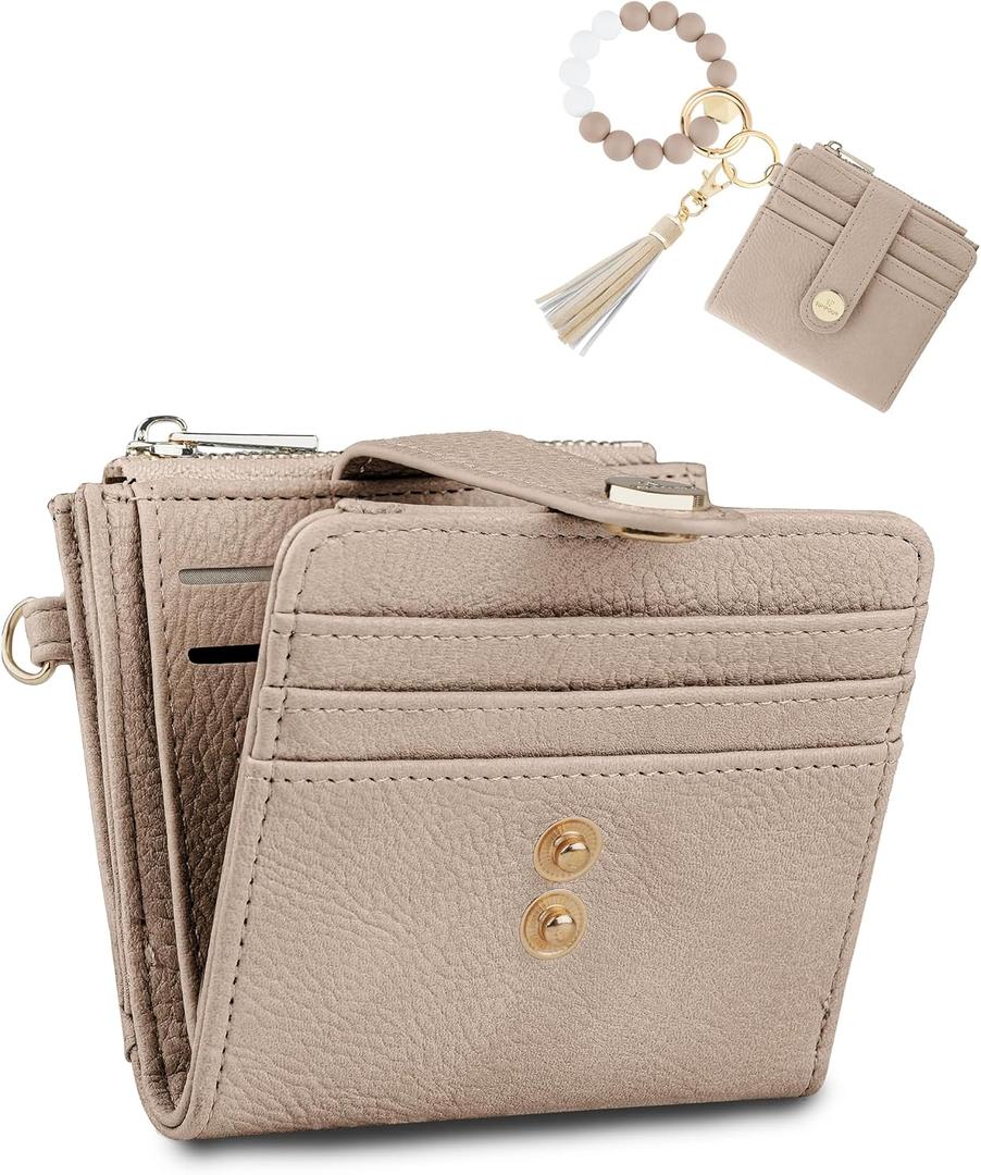 Small Wristlet Wallets for Women Keychain Wristlet Wallet RFID Blocking Key Chain Wallet With Zipper Coin Pocke,2 Id Window (Light Camel)