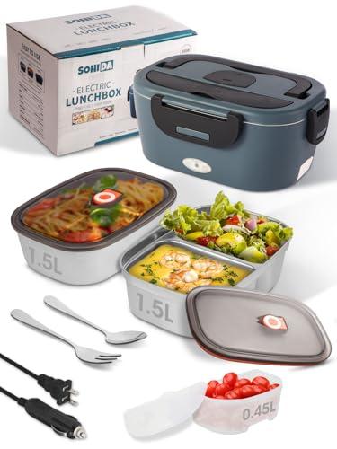 SOHIDA Heated Lunch Box, 80W Electric Lunch Box with Two 1.5L Stainless Steel Interchangeable Containers and Lids, 12V/24V/110V Food Warmer with Utensils and Insulated Bag for Car/Truck/Office (Black)