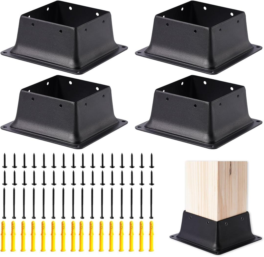 4 x 4 Post Base, 4 Pcs (Inner Size 3.6"x3.6"Deck Post Base) Heavy Duty Metal Black Powder Coated Post Brackets Fit for Standard Wood Post Anchor for Deck Porch Handrail Railing Support