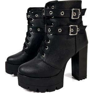MEOTINA High Heel Boots for Women Black Heeled Chunky Heel Boot Platform Goth Shoes Lace Up Ankle Booties with Zipper (6.5)