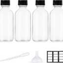 4 Pack, 2 oz Small Clear Glass Bottles with Lid and Funnels - 60ml Boston Shot Bottles With Caps, Immunity, Potion, Wellness, Sample, Ginger, Juice - Mini Personal Care & Beauty Travel Bottle