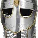 Deco 79 Metal Medieval Knight Crusader Helmet with Black Wood Stand and Chainmail, 9" x 11" x 17", Silver