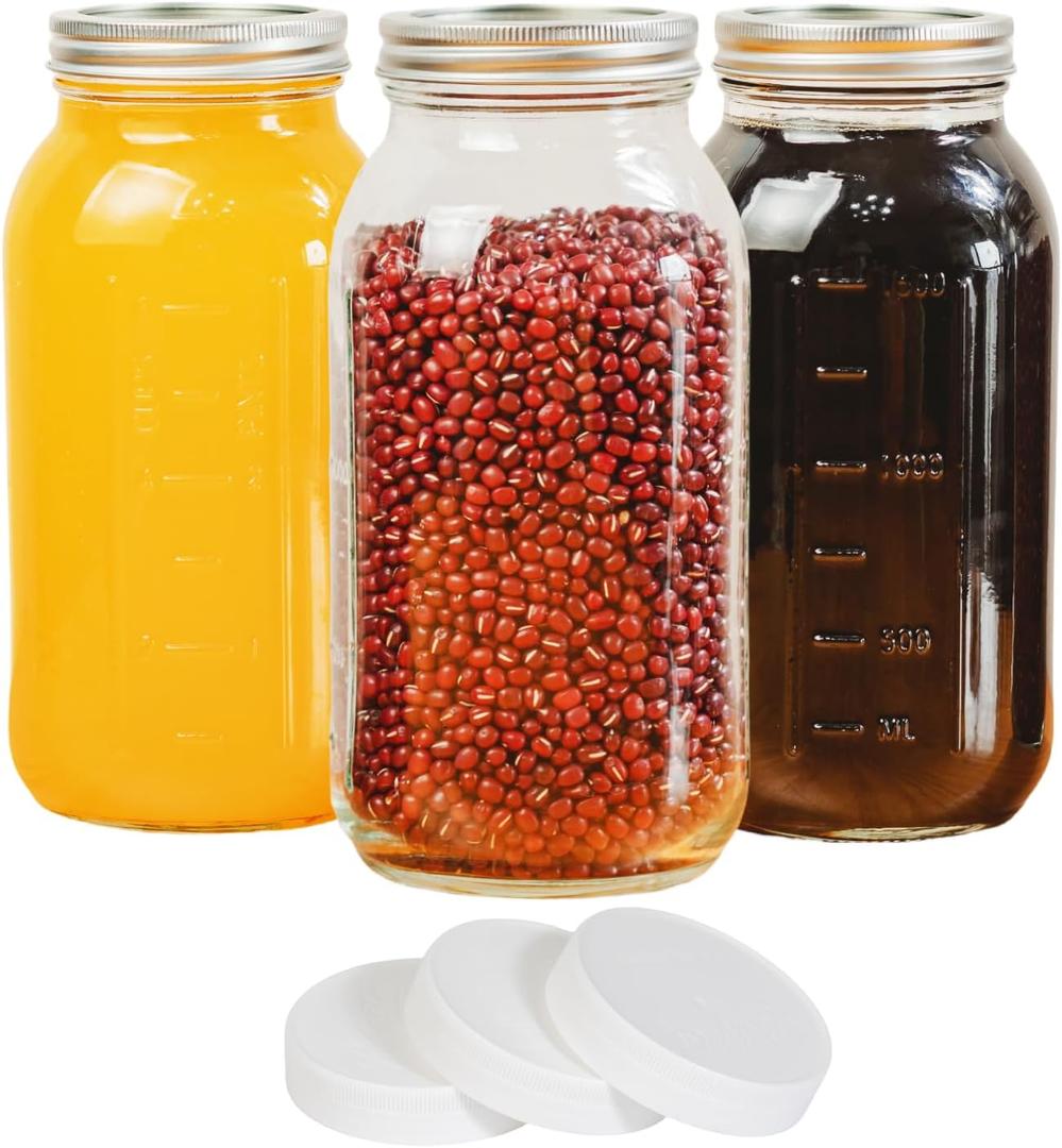 Yodecy 64 Oz Wide Mouth Mason Jars 3 Pack, Half Gallon Jars with White Plastic Lids, Clear Glass Canning Jars with Metal Split Lids, Large Jars for Fermenting, Pickling, Food Storage & Kitchen Use