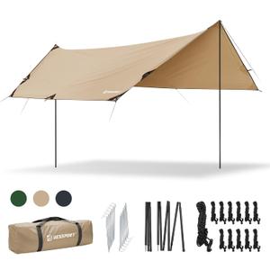 Bessport Camping Tarp, 169.8FT with 2 Poles, Portable Multifunctional Backpacking, PU 3000mm Waterproof Rain Fly Hammock Tarp for Outdoor,Traveling, Hilking (Khaki)
