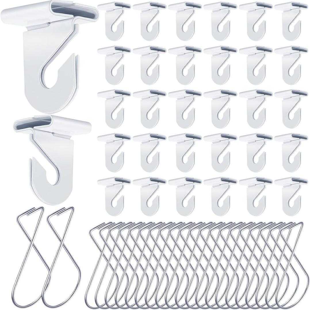 Vicenpal 100 Pcs Drop Ceiling Hooks Bulk for Classrooms Offices Hanging Set, 50 Pairs Right and Left 50 Pcs Clips for Tile Decorations, Metal Suspended T Bar Hooks for School Plants