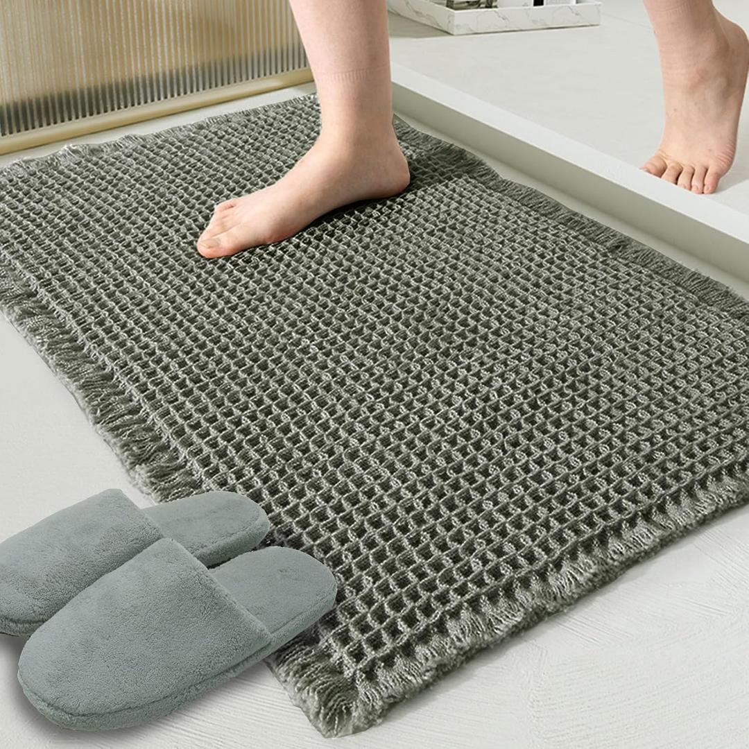 ZALL Waffle Bath Mat,Super Absorbent Non Slip Bathroom Rug,Dark Green 18x30inch,Machine Washable Ultra Soft Floor Mats