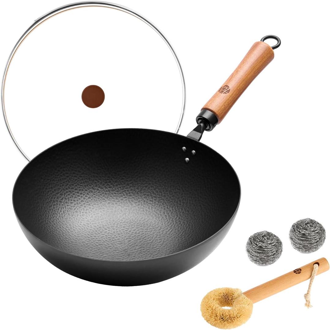 WANGYUANJI 11-Inch Round-Bottom Carbon Steel Wok with Glass Lid, Removable Wooden Handle, Traditional Pow Pan for Gas Flame/Wok Ring Only (Not for Flat-Top or Induction)