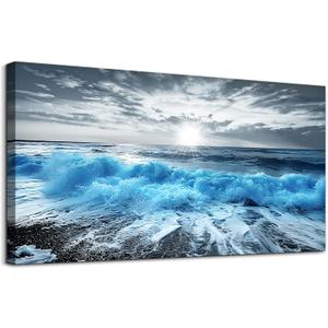 Lapremoly Framed Wall Art For Living Room Large Canvas Wall Decor For Office Blue Beach Painting Ocean Sea Waves Wall Pictures Bedroom Home Decorations Prints Posters Mural Artwork Ready to hang (48L" x 24W")