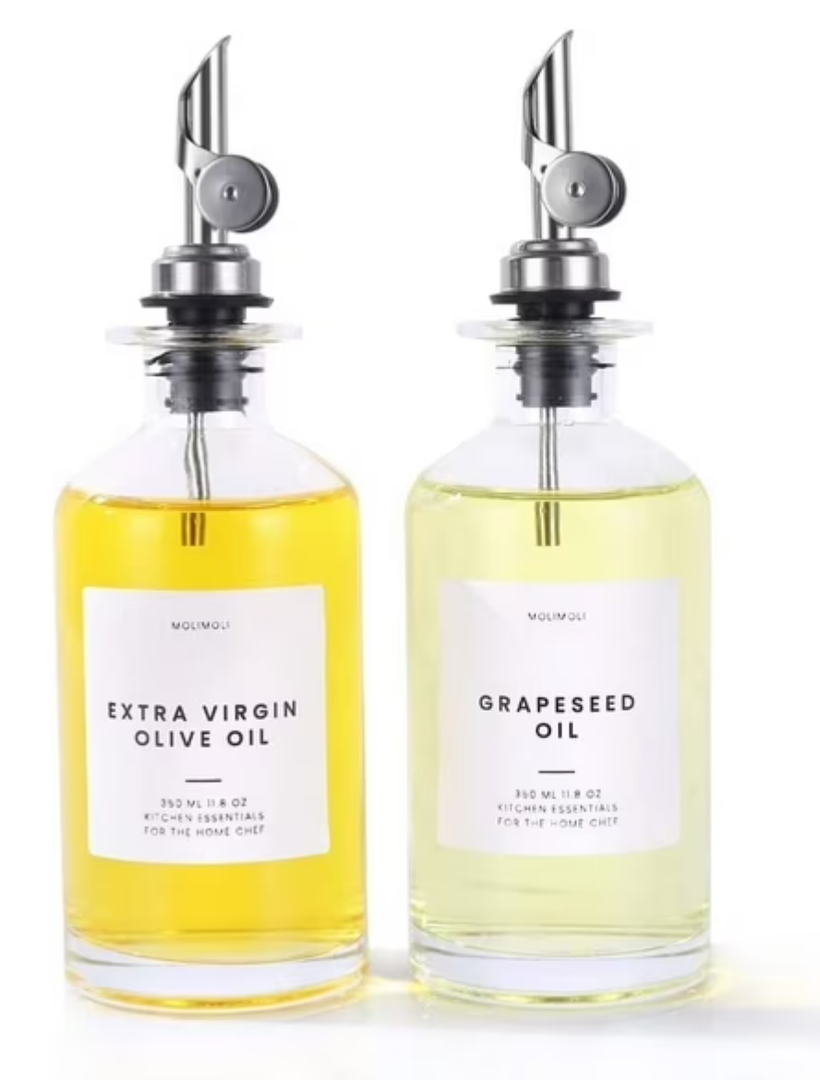 Molimoli Olive x2 Oil Dispenser Glass Bottle 350ml for Kitchen. Silver Weighted Pourer 2.72"W x 8.62"H