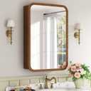 20x28 Inch Wood Medicine Cabinet with Mirror, Surface or Recessed Mount Bathroom Mirror Cabinet, Adjustable Glass Shelves, Soft-Close Door, Rounded Corner, Fully Assembled, Walnut