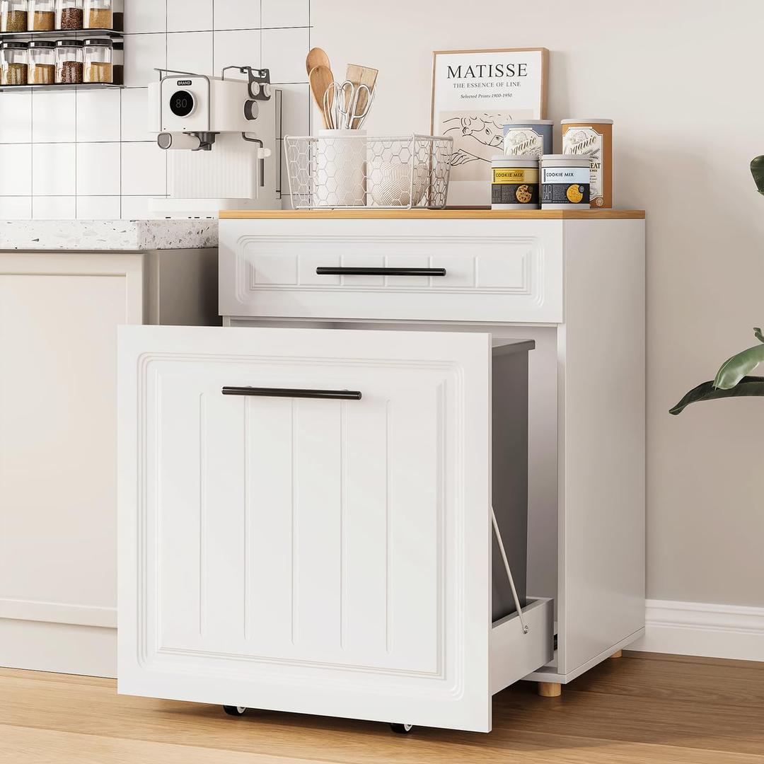 ZIFTY Double 210 Gallon Pull Out Trash Can Cabinet, Pet Proof Freestanding Kitchen Trash Bin Cabinet with Drawer, Wooden Garbage Recycling, Laundry Hamper, Modern Farmhouse Waste Bin Furniture, White