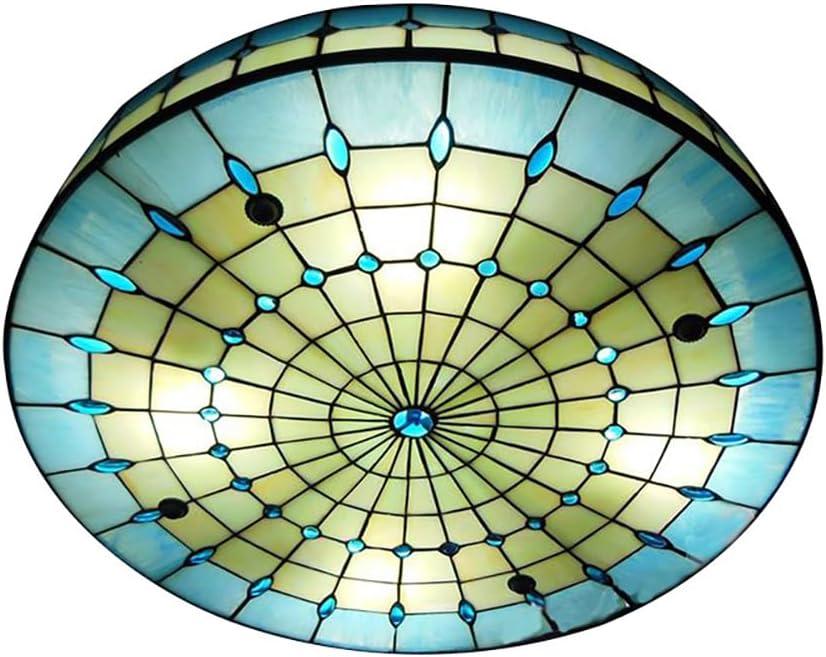 Blue Tiffany Style Ceiling Light, Elegant Stained Glass Flush Mount Ceiling Light, Decorative Round Ceiling Lamp for Bedroom, Entryway (15.7")