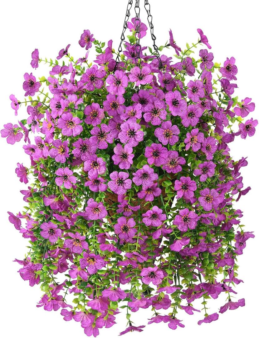 INQCMY Artificial Hanging Flowers with Basket for Spring Outdoor Decoration 3 Bunches of Silk Daisy Flower Uv Resistant for Garden Porch Patio Balcony Yard Decor (Purple2)