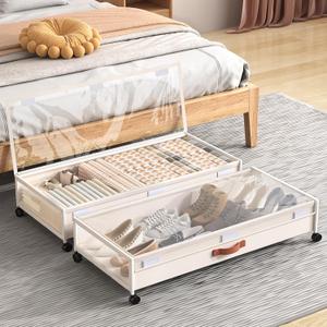 Under Bed Storage with Wheels, XXXL Larger Under Bed Storage Containers with Clear Lids, 36'' Lengthen Under Bed Shoe Organizer for Shoes Clothes(White 2 Pack, XXXL(36"x16.6"x7.48"))