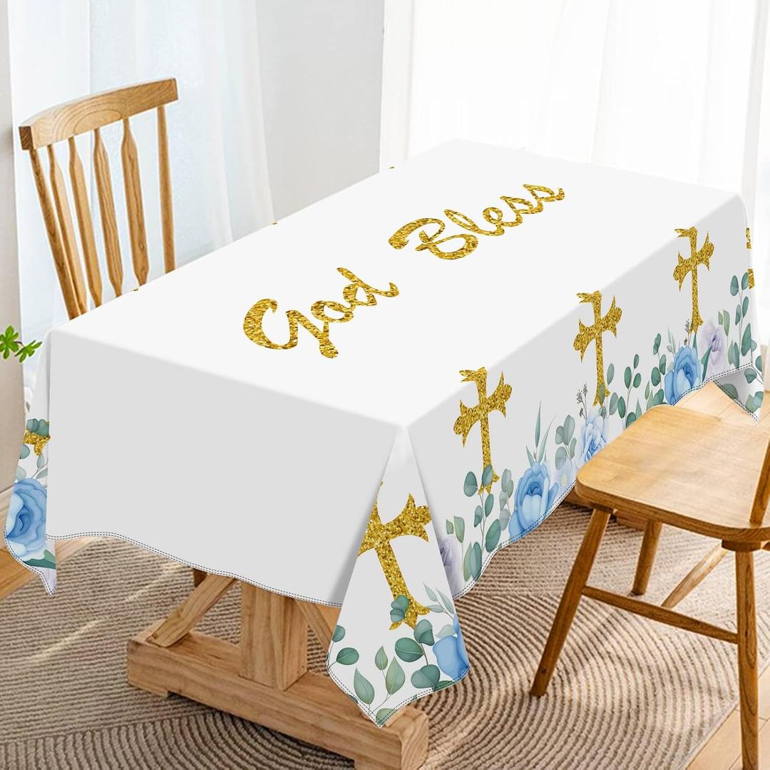 Hafangry God Bless Tablecloth Boy First Holy Communion Blue Baptism Christening Party Decoration Christian Cross Kitchen Dining Room Table Cloth Home Decor-6084inch