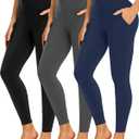 NEW YOUNG 3 Pack Leggings with Pockets for Women,High Waisted Tummy Control Workout Yoga Pants (Small-Medium, 3 Pack Black/Grey/Navy)