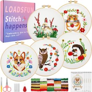 LOADSFUN 5 Pack Embroidery Kit for Beginners - Needlepoint Kits for Adults Step by Step Instructions with Video Tutorials, Full Craft Tool Set with Hoop, Needles and Threads (Cute Animal)