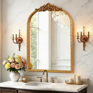 Vintage Arched Gold Mirror 19x27, Baroque Traditional Ornate Gold Antique Wall Mirror for Bathroom, Entryway, Fireplace, Hallway, Large Arched Wall Mirror for Home Decor