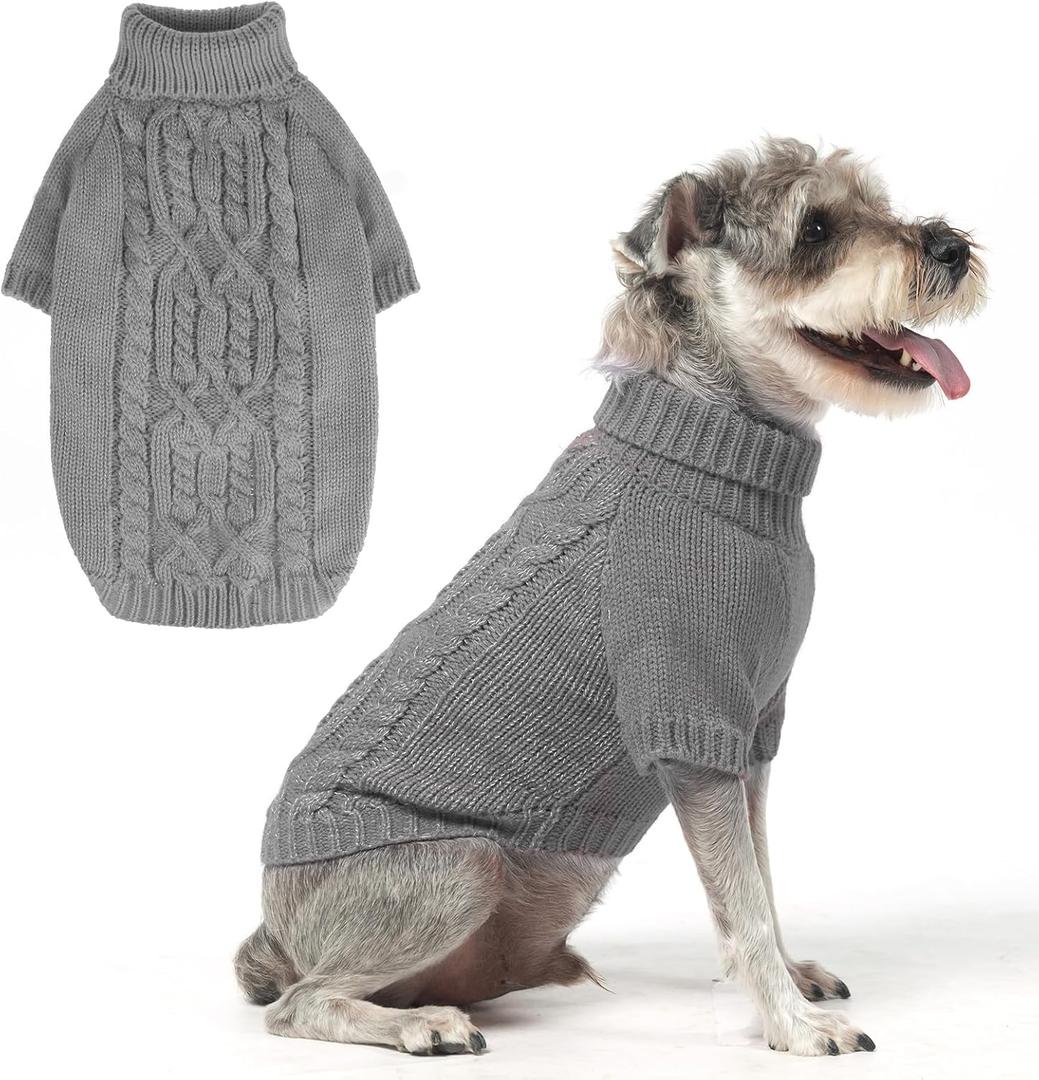 EXPAWLORER Dog Sweater - Fleece Pullover Knitwear with Leash Hole, Turtleneck Fall Dog Holiday Clothes with Reflective Yarn for Small Medium Dogs Puppy, Grey M