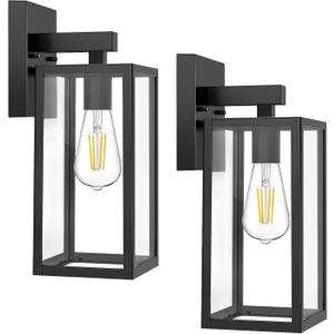MAXvolador Outdoor Wall Sconce, Exterior Waterproof Wall Lantern Light Fixtures, Black Porch Lights with Toughened Glass Shade, Anti-Rust E26 Socket Front Door Mount Lighting, 2 Pack