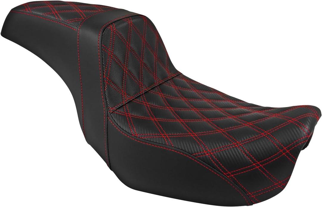 One-Piece Driver Passenger Seat Motorcycle Two-Up Seat Fit for Harley Dyna Super Glide Street Bob Wide Glide Fat Bob Low Rider Switchback 2006-2017 (Red Stitching)
